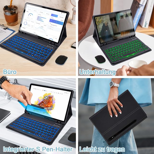 SOPPY Tastaturhülle mit Maus für 12,4'' Samsung Galaxy Tab S10+/S9 FE+/S9 Plus/S8+/S7+/S7 FE, Hülle mit Tastatur & Maus Kabellose Bluetooth Tastatur Schutzhülle -Deutsches QWERTZ, Schwarz Beleuchtet