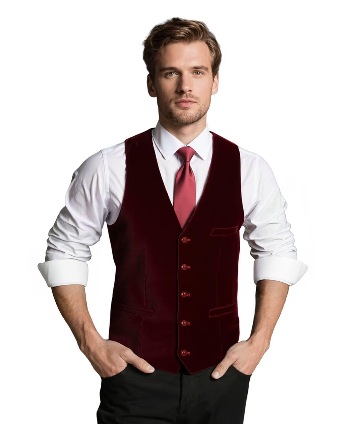 Velvet Men's Vest V Neck 4 Button Slim Fit Dress Suit Vest Waistcoat Modern Fit-image-27