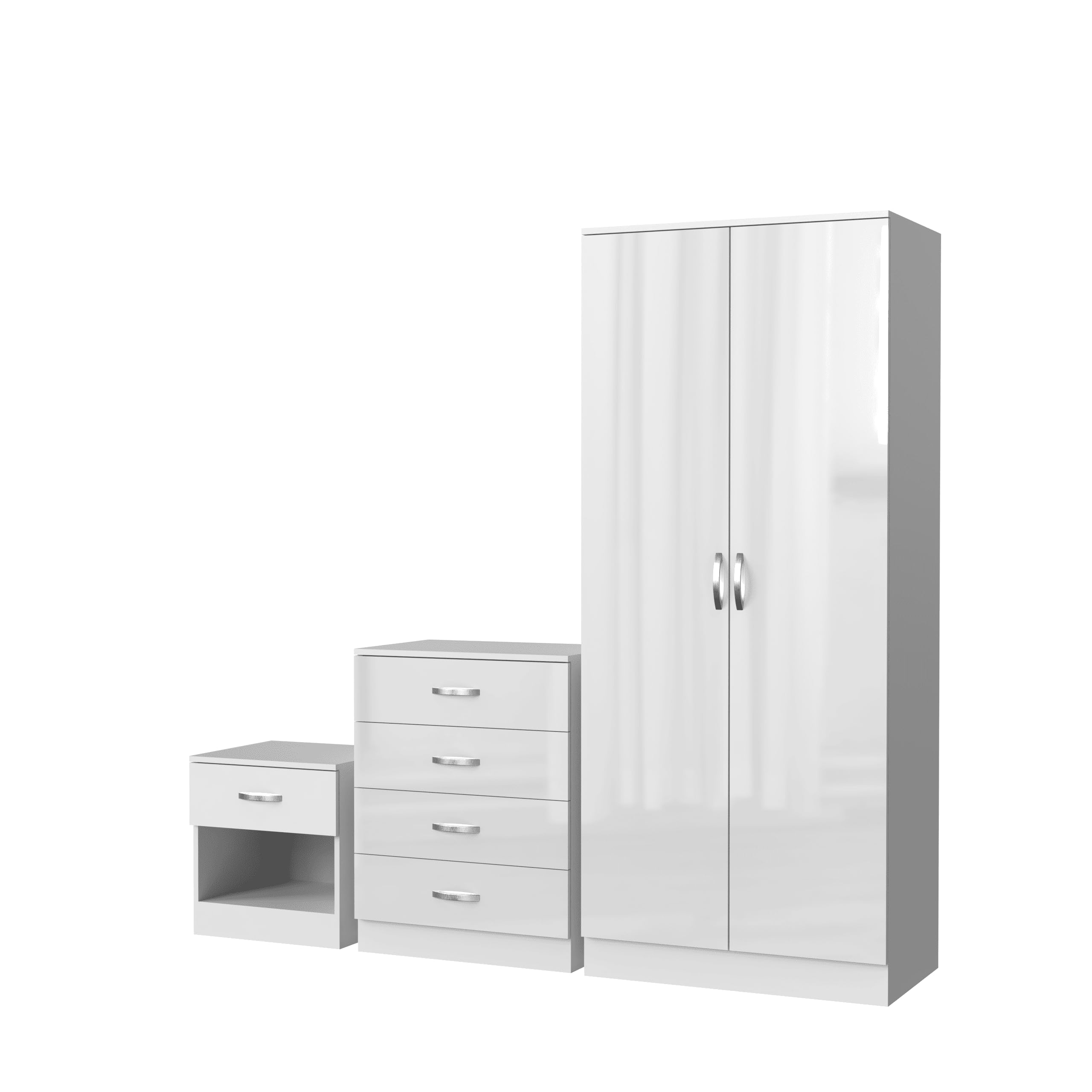 Nera White Gloss Bedroom Furniture Set 3 Piece Set with Wardrobe Chest of Drawer Bedside Table Bedroom Storage