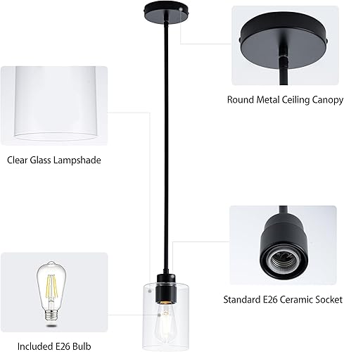 Miniatura 2 de MAYNA Paquete de 1 lámpara colgante moderna, lámpara colgante de granja negra con pantalla de vidrio transparente, lámparas colgantes de altura