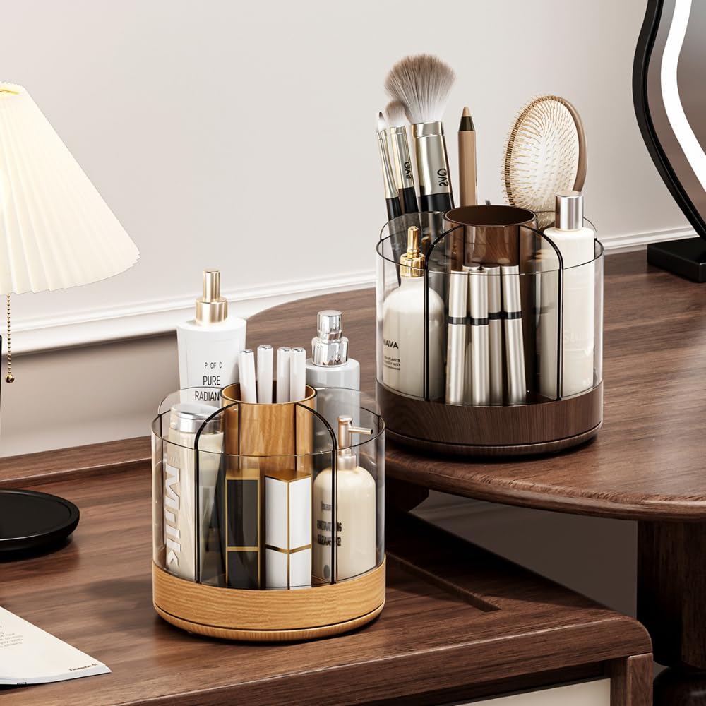 Make-up-Pinselhalter, 360° drehbar, 6 Fächer, mehrere Fächer, Acryl-Dreh-Organizer für Kosmetik, Nagellack, Kämme, Badezimmer, Schminktisch, Schreibtisch-Organizer (dunkle Holzmaserung)