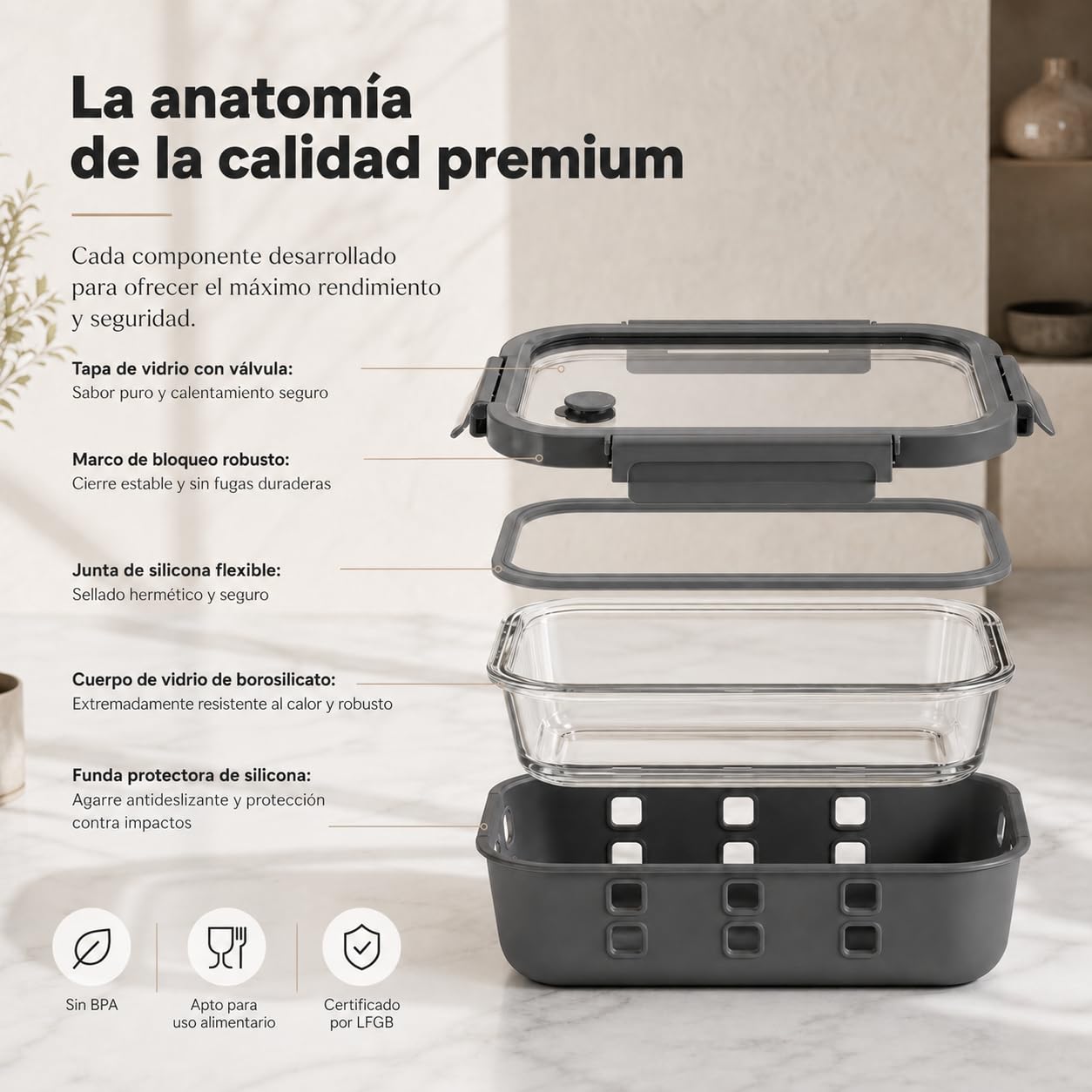 Fiambreras de Cristal Borosilicato – Set Meal Prep 3x1520 Mililitros, Recipientes Herméticos Apilables, Aptos para Microondas con Válvula de Vapor, Funda Silicona Anti-Impacto