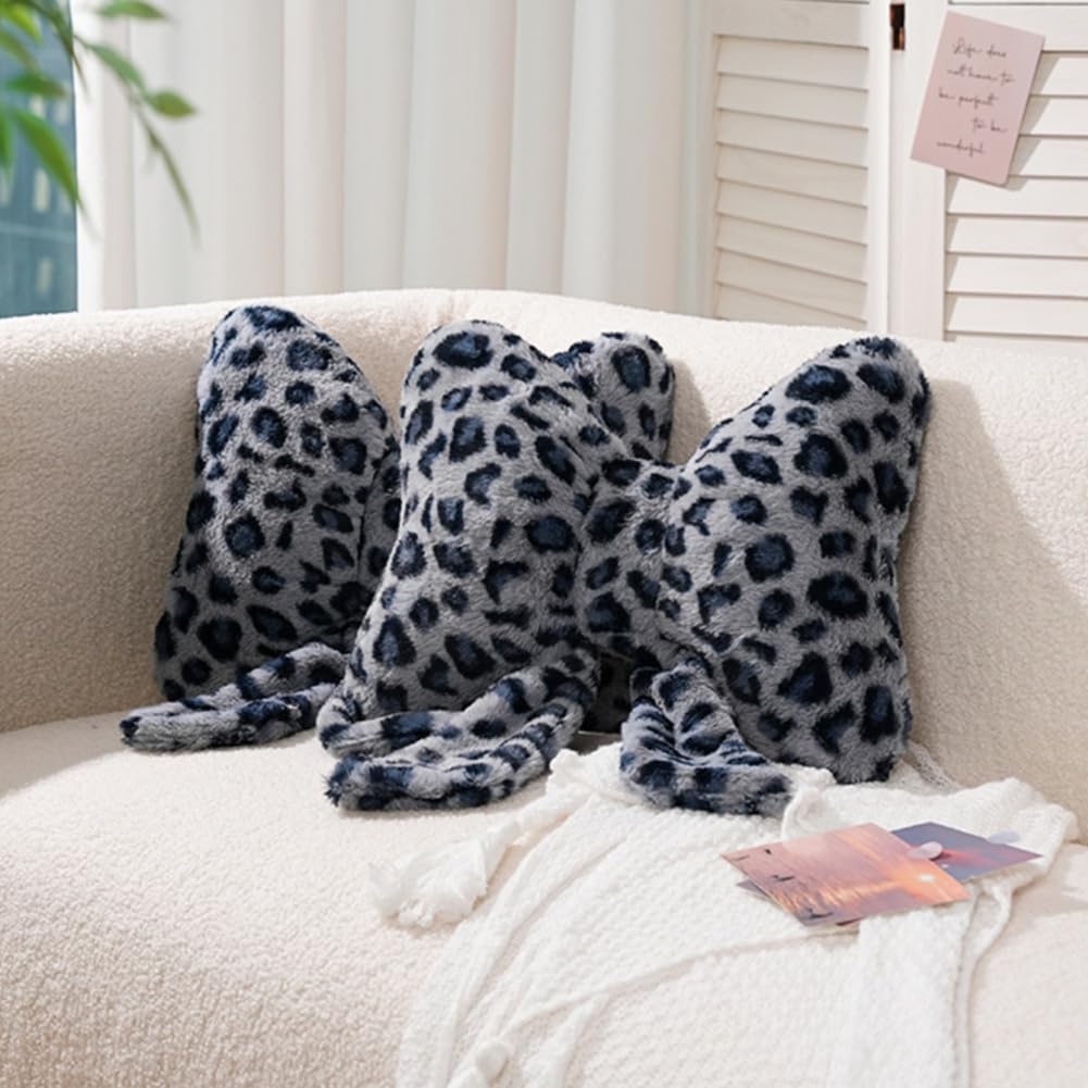 GKWW Leopard Print Throw Pillow Furry Bow Plush Pillows Cute Flower Plush Pillow Cheetah Home Decor Stuffed Bow Lumbar Pillow for Bed Couch Living Room Decor (Blue, 16in)