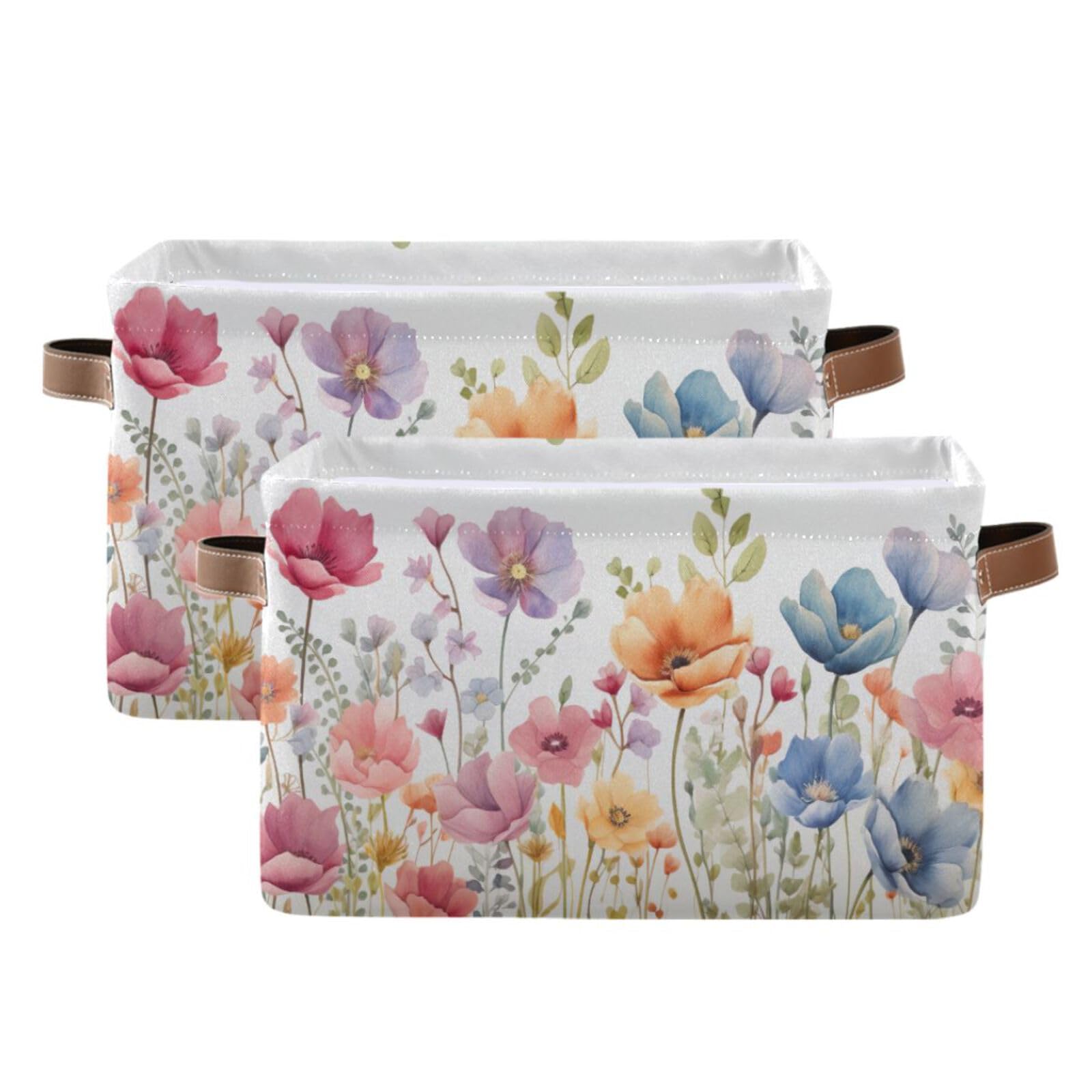 Flradish 2PCS Colorful Flowers Large Collapsible Storage Bins,Canvas Fabric Foldable Storage Bins with Handles Open Home Storage Bins Boxes Toy