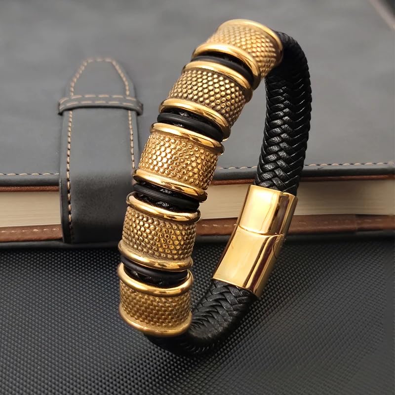 Image of THE MEN THING Leather Bracelet for Men - American Style Genuine Leather Multi-Layer Braided Bracelet with 100% Stainless Steel Magnetic Buckle for Men & Boys (8 inch)