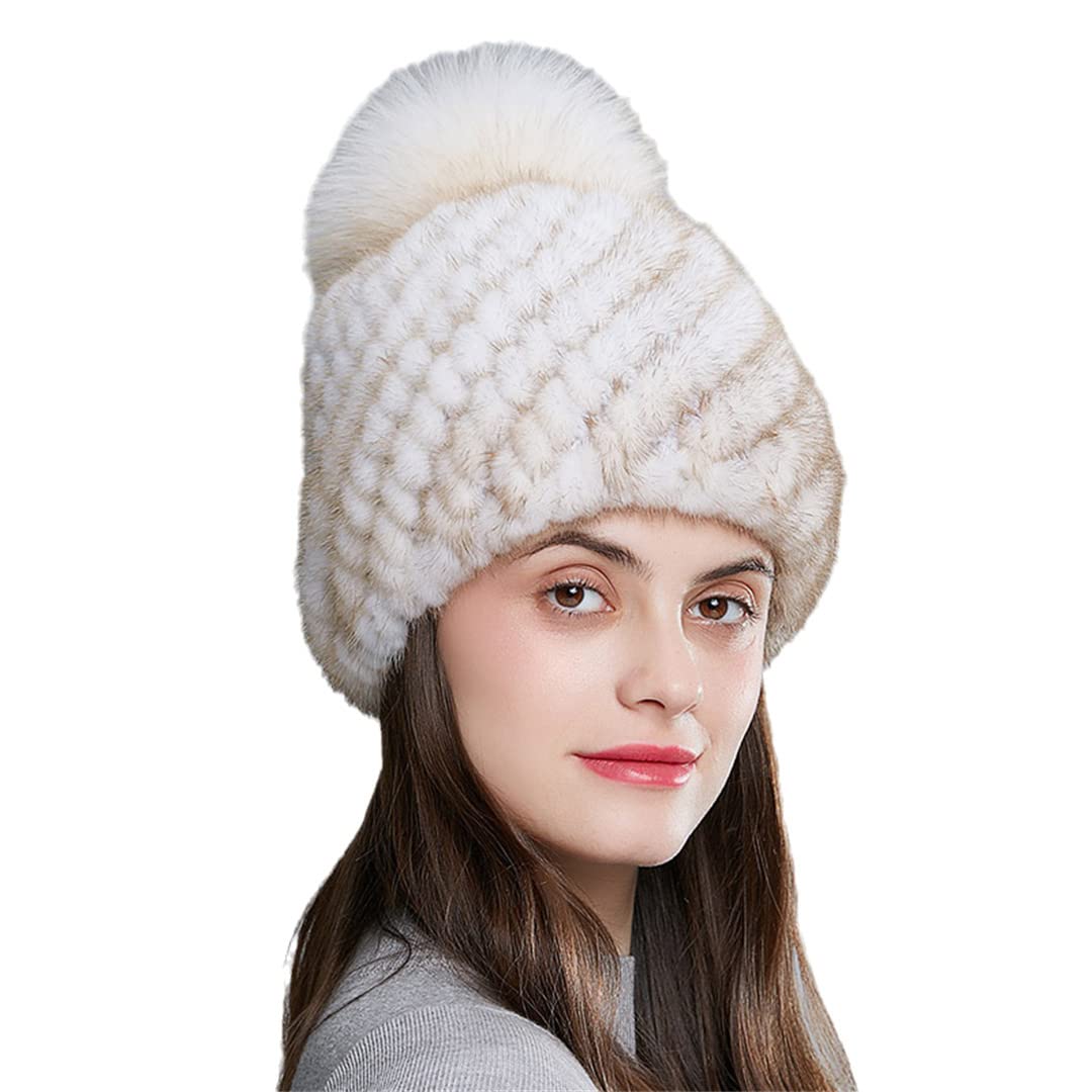Sombreros de Piel de visón de Invierno para Mujer con pompón Moda Forro de Lana cálido Gorros con Orejeras para Mujer