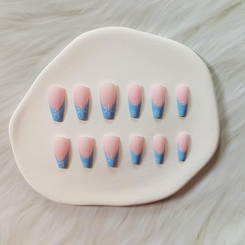 Miniatura 4 de Uñas postizas de Navidad a presión de 24 Pas con punta francesa larga uñas de ataúd de invierno uñas postizas mate con diseño de copo de nieve