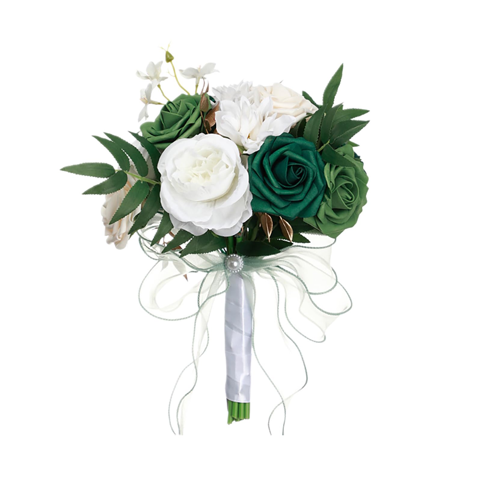 Fake Flower Wedding Bouquets For Bride Bridesmaid Large Big Bridal Bouquet White Champagne Ivory Silk Roses Flowers For Wedding French Vintage Boho Church Decoration Bouquet (Green, 29x22cm)