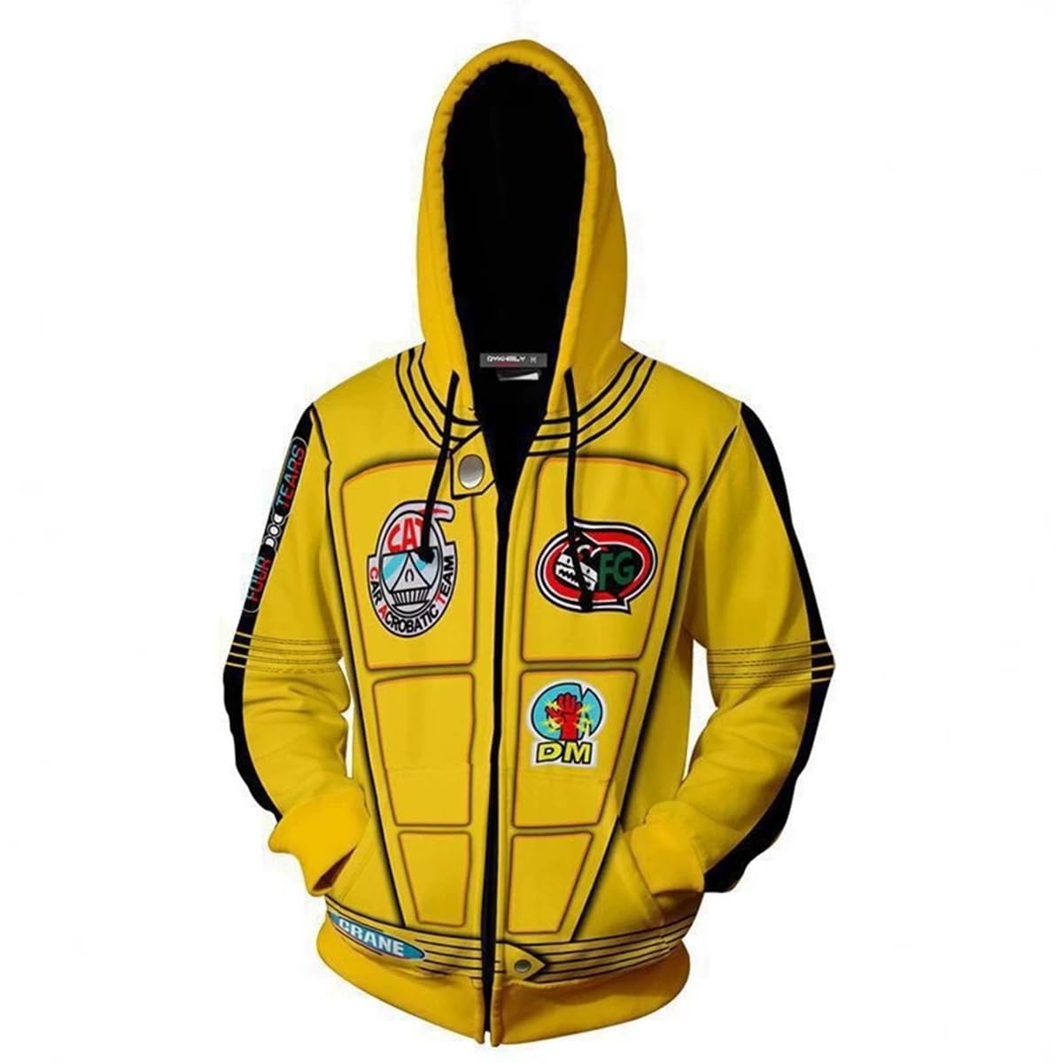 Sweat à capuche jaune avec écussons anime et détails brodés style décontracté