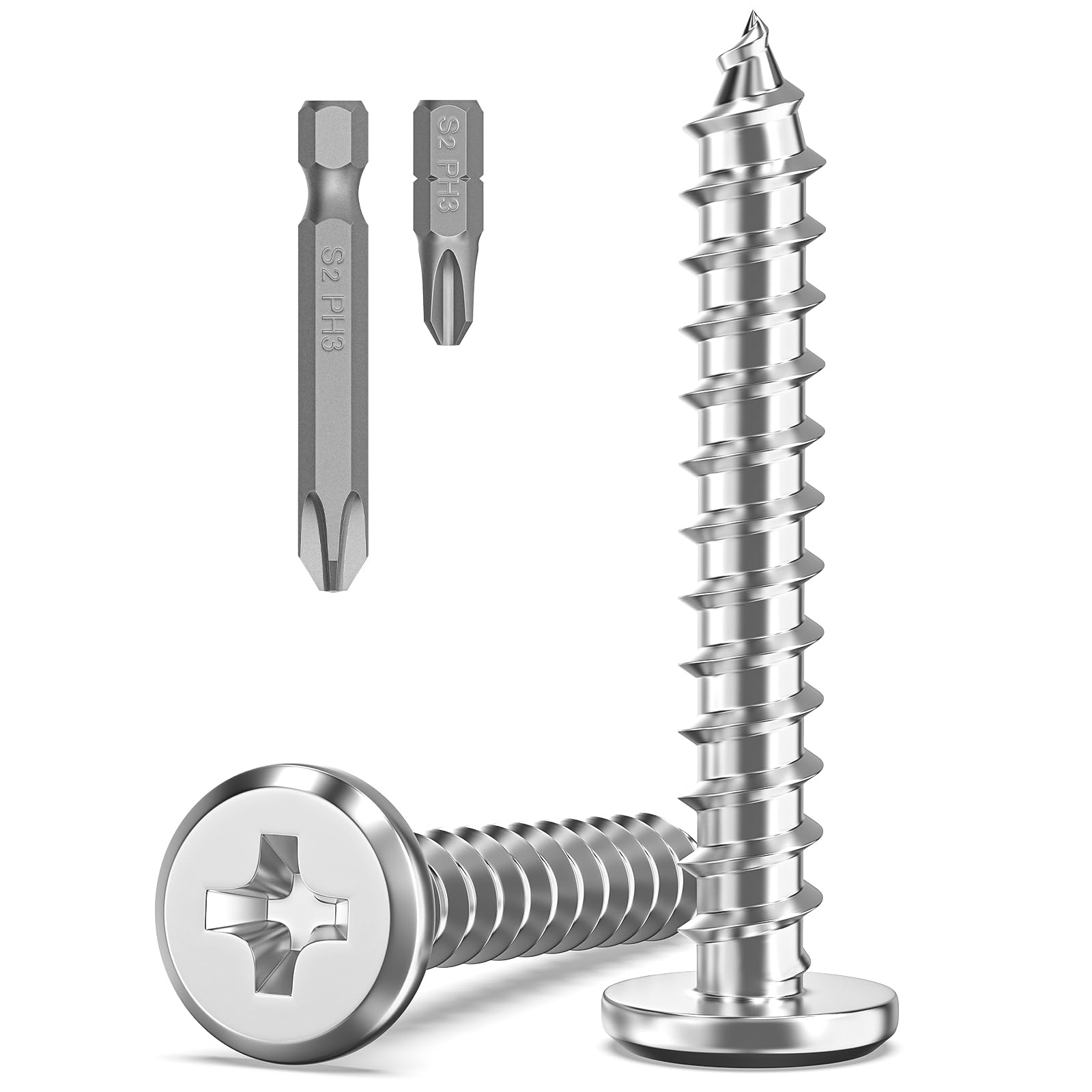 Valorada 20Pcs M6 Screws for Wood, M6 x 40mm Flat Head Self Tapping Screws, 304 Stainless Steel, Phillips Drive with 2Pcs Bits