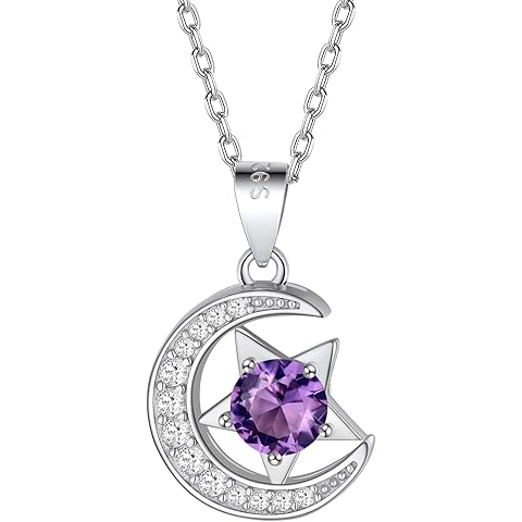 FindChic Sterling Silver Moon Necklace with 12 Birthstone Cubic Zirconia Star Diamond Necklace Jewelry Gift for Her, with Gift Box