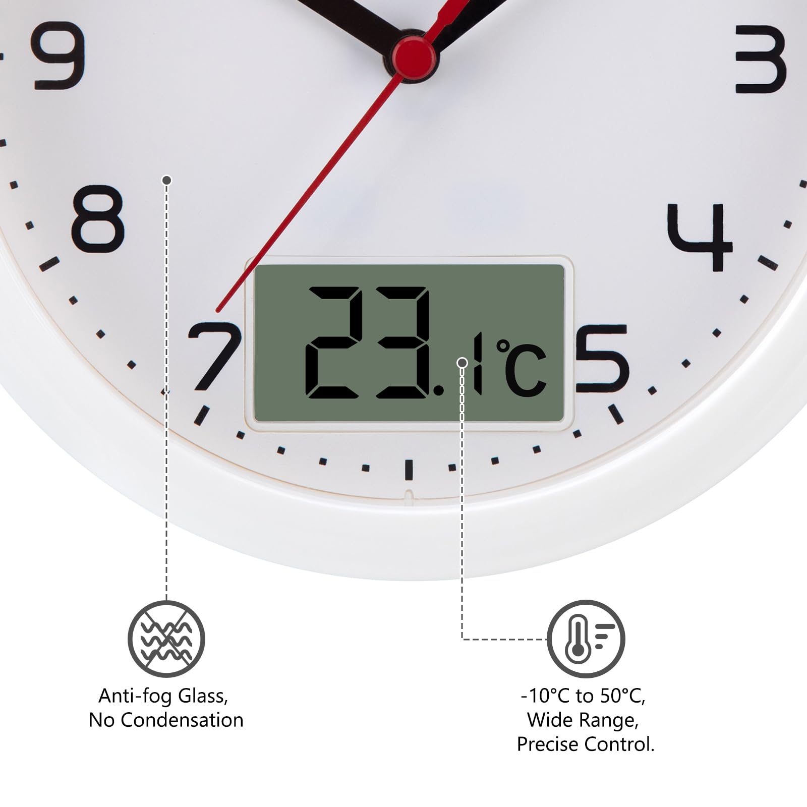 VIVILINEN Reloj de baño con indicador de temperatura, reloj de pared sin ruido de tictac, reloj de cocina con correa colgante y soporte, protección contra la humedad, 17 cm