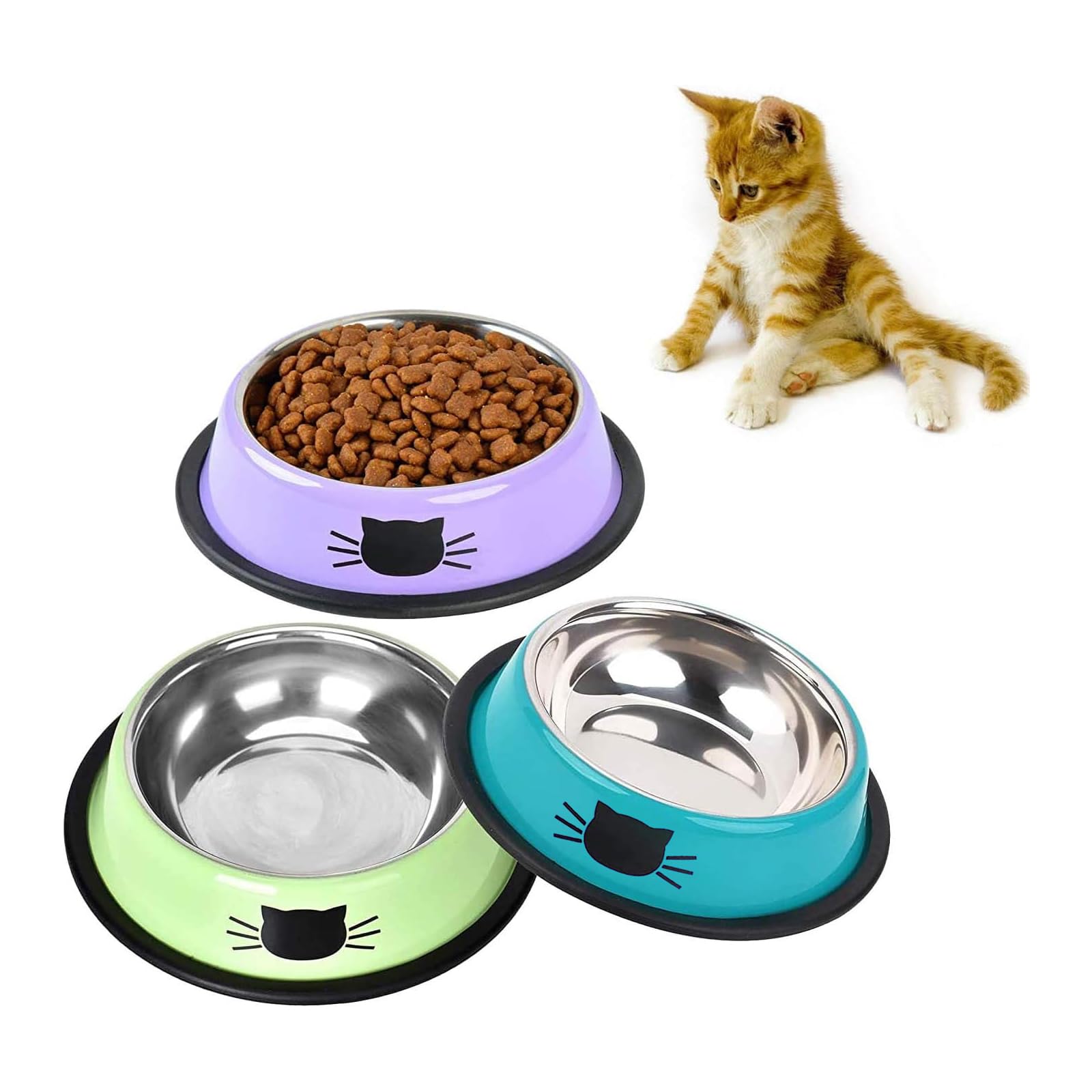 SUOXU Cat Bowls, Stainless Steel Colorful Cat Food Bowl, Non-slip Pet Water Bowl, Puppies Feeding Bowl, Set of 3 Metal Cat Bowl With Silent Pet Feeding(Blue/Purple/Green)