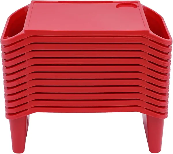 12 Pcs Kids Lap Desk Tray, 19.7×9.8×7.1In Portable Lap Bed Table with Side Pockets, Plastic Breakfast Laptop Trays, Laptop Desk Snack Tray for Family, School (Red)