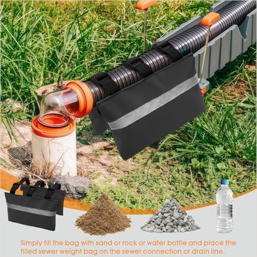 Image of 3 Pcs RV Sewer Hose Weight Bags with Reflective Strip Waste Hose Fastening Device Camper Trailer Sewer Hose Support Hold Down Prevents Dislodging and Accidental Spillage (Black)