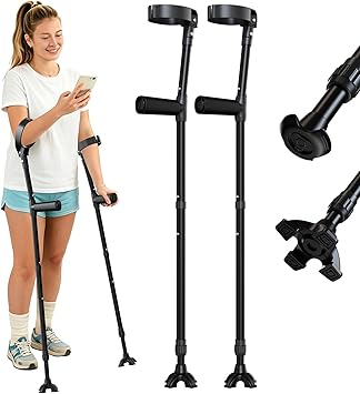 Crutches for Adults, Forearm Crutches for Walking with Crutch Pads,15-Level Adjustable Height (Size Tall 37.2''-50.2''), 90 Reversible Armrest Crutches, Replace Four Corner Base, Black,1 Pair