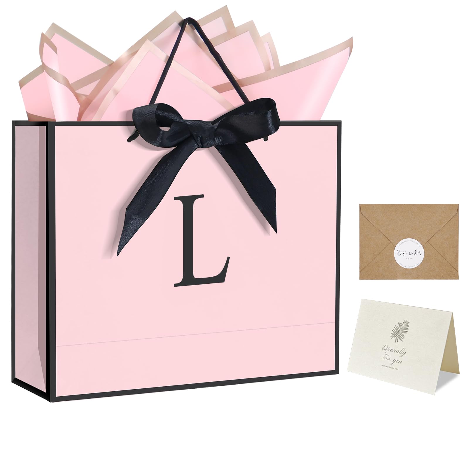 QLSKO Personalized Initial Paper Bag for Women Grils,Monogrammed Gift Bag with Bow Ribbon,Wrapping Tissue and Card Matching Envelope Sticker (Pink,
