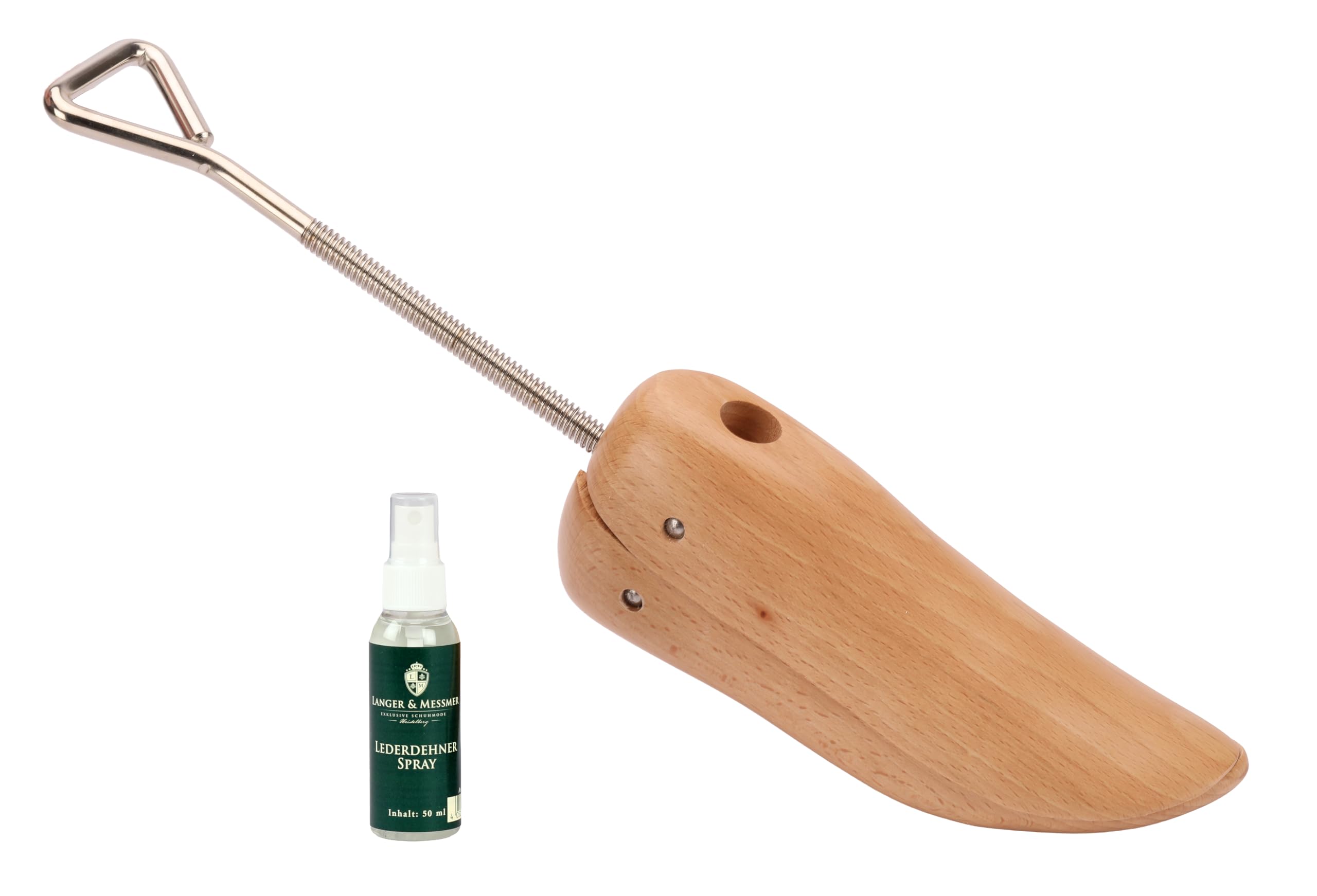 Langer & Messmer élargisseur de chaussures et de bottes pour la boîte à orteils pour hommes contre les chaussures qui serrent fabriqué en bois de hêtre y compris spray d'élargissement du cuir 50ml