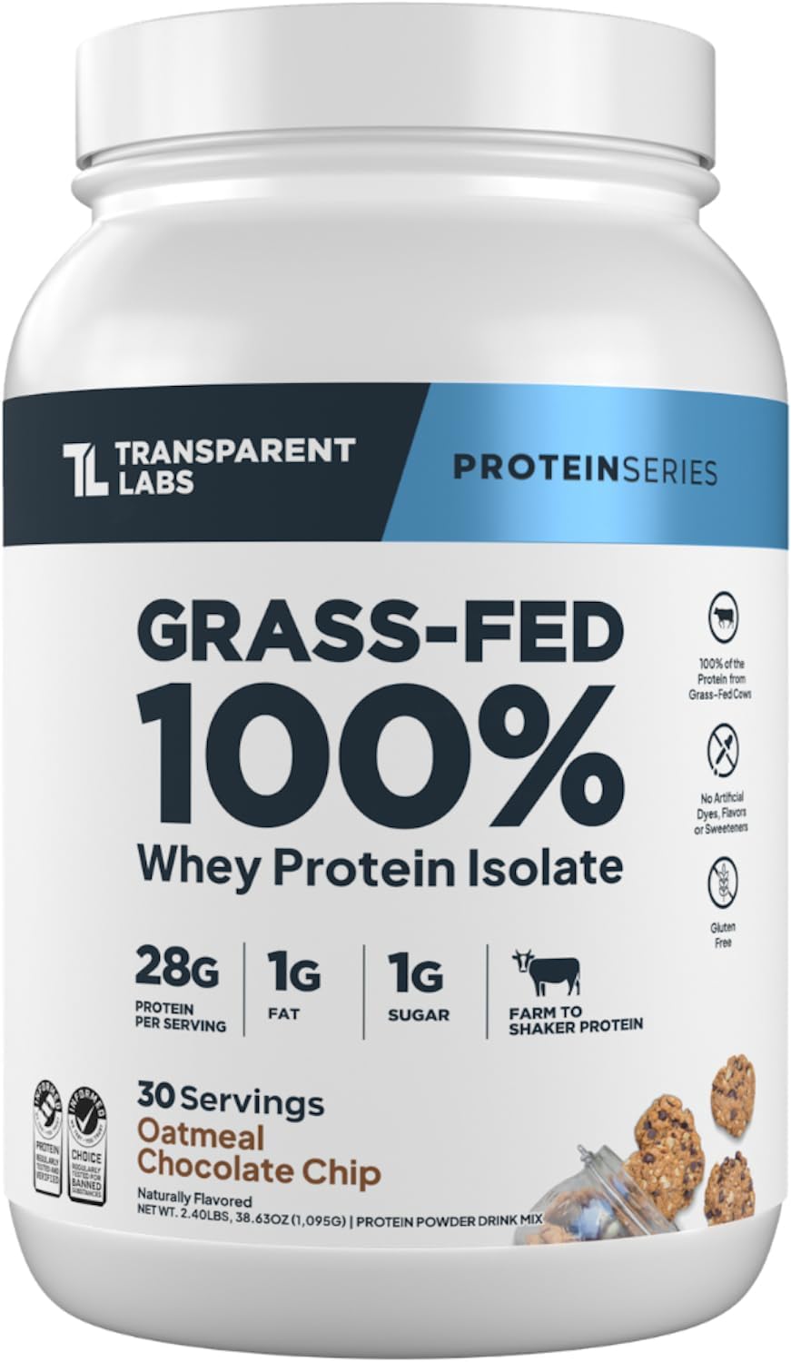 Transparent Labs Grass-Fed Whey Protein Isolate - Naturally Flavored, Gluten Free Whey Protein Powder with 28g of Protein per Serving & 9 Amino Acids - 30 Servings, Oatmeal Chocolate Chip Cookie