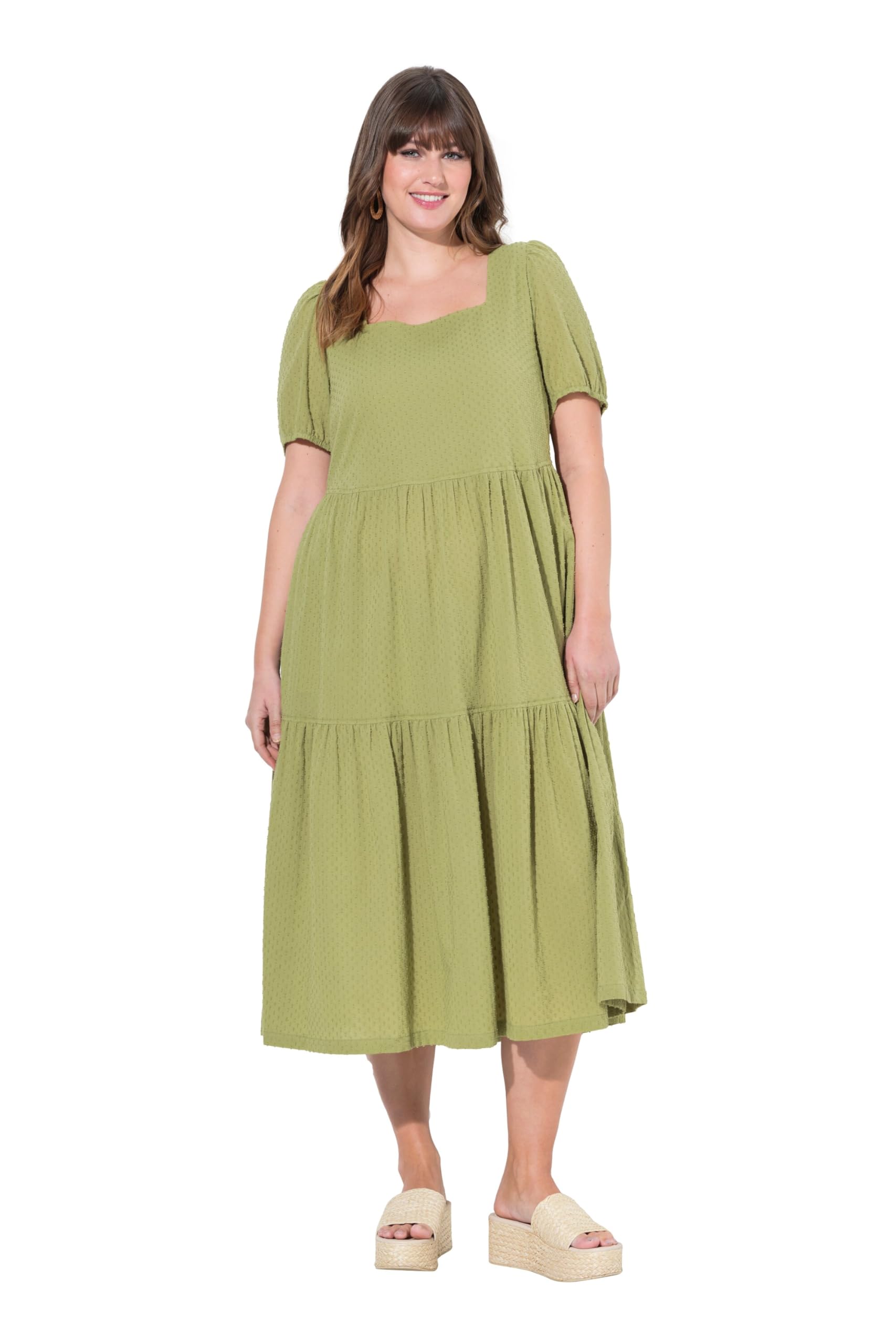 Ulla Popken Damen große Größen Übergrößen Plus Size Maxikleid, Carree-Ausschnitt, Puff-Halbarm, Biobaumwolle 836970
