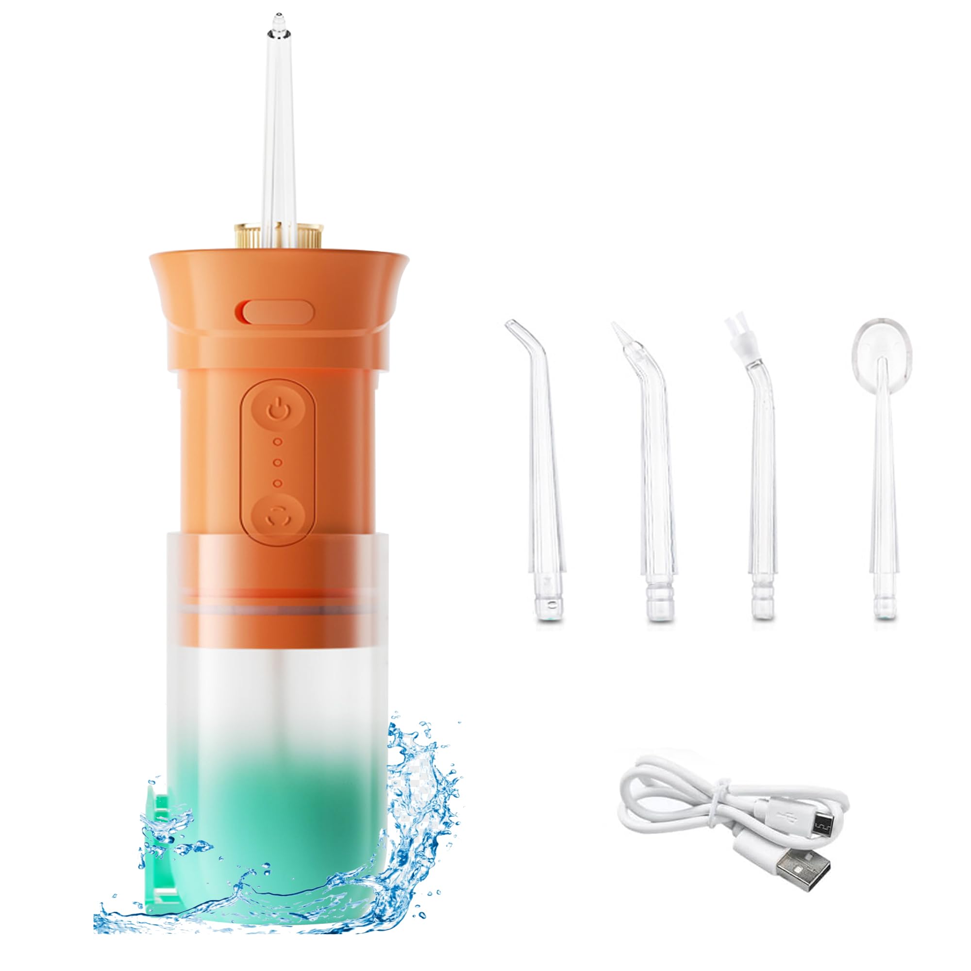 US1984 Professional Cordless Water Dental Flosser, 200ml Large Tank, 3 Modes, 4 Nozzles, IPX7, Orange, Teeth Cleaner