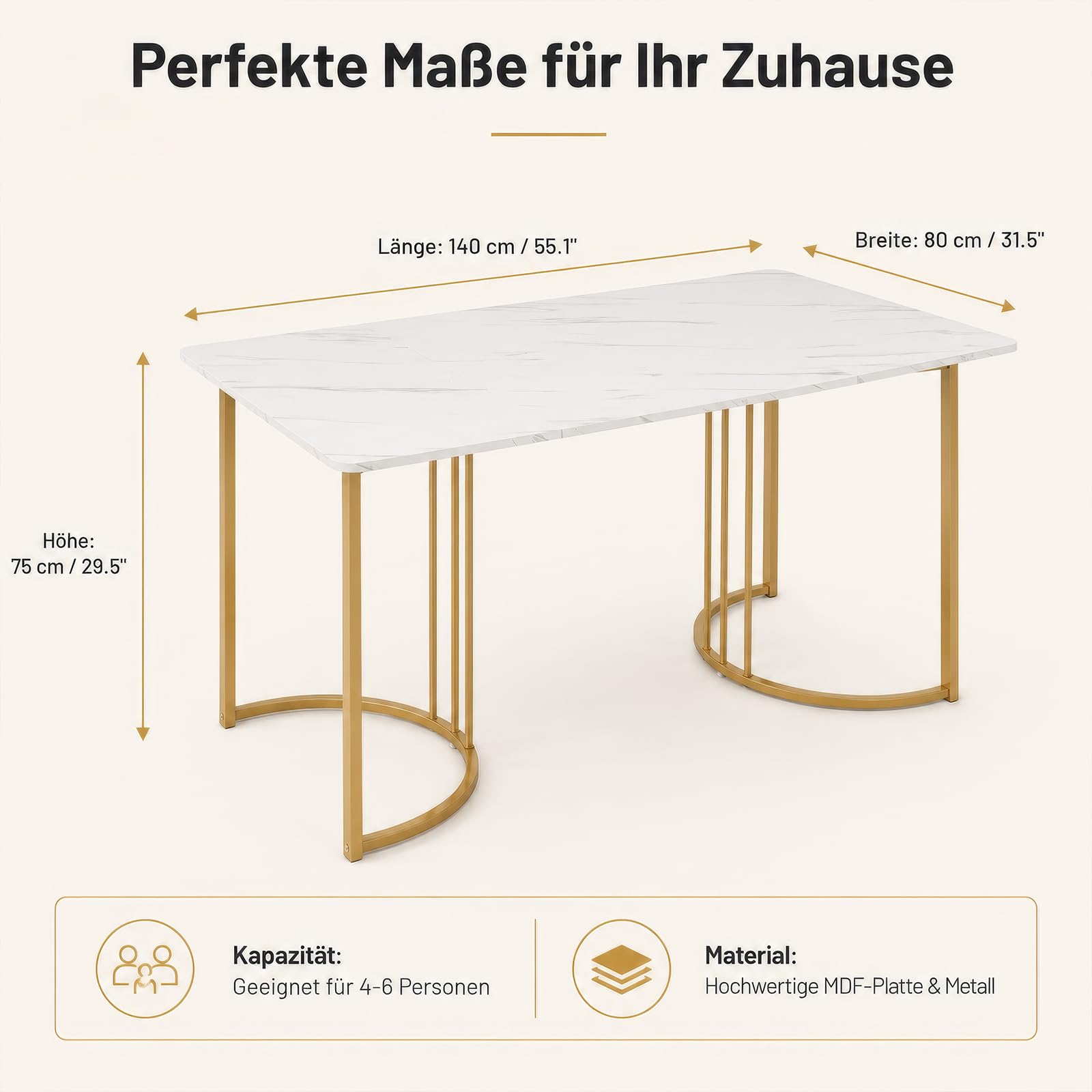 Esstisch 140 x 80 cm Weiß Gold, moderner Küchentisch mit Marmor-Optik, rechteckiger Esszimmertisch aus MDF mit Metallgestell, verstellbare Füße, für Esszimmer, Küche, Wohnzimmer