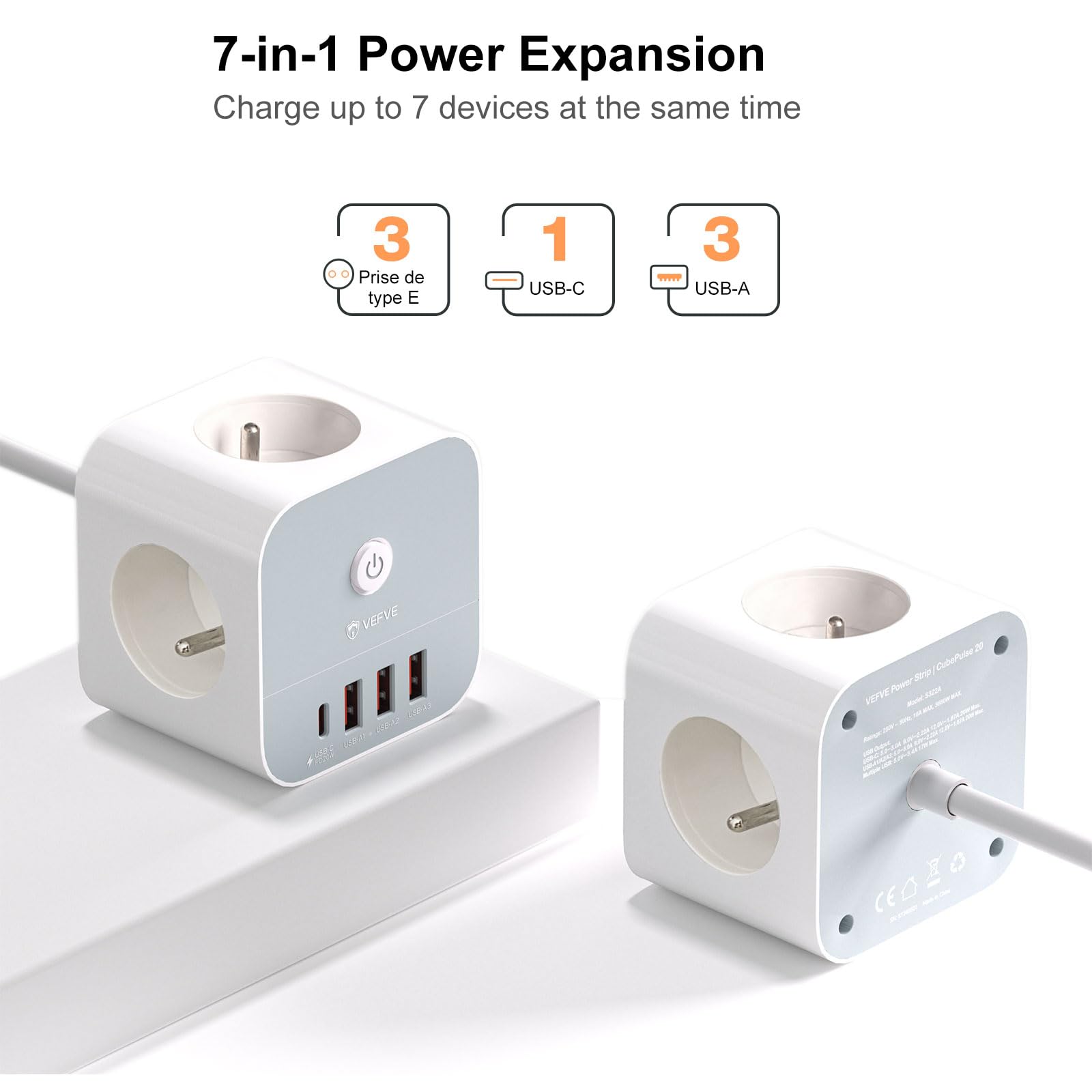 VEFVE Regleta Tipo E (Estándar Francés), Cubo Enchufes USB C 20W PD, Ladrón 7 en 1 con Interruptor, para Francia/Bélgica/Polonia, Cable 3m, Blanco