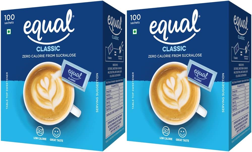 Equal Classic Zero Calorie Sweetener with #NOASPARTAME | Sugar Free Sweetener | Zero Calorie with Great Taste | 100 Sachets | Pack of 2