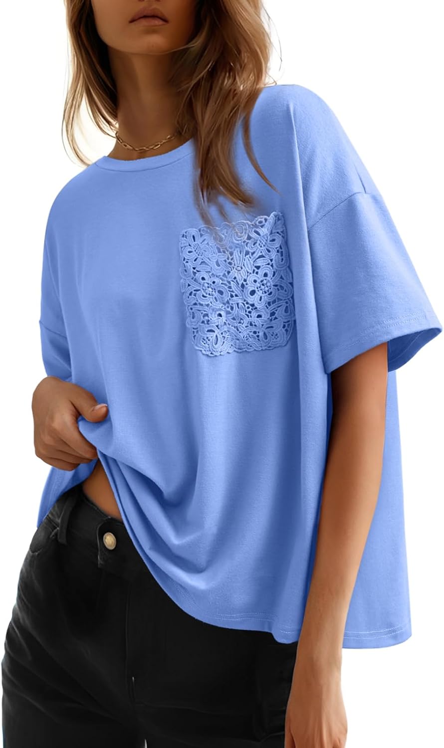 Dokotoo Womens Tops Cute Lace Summer Short Sleeves Oversized Casual T Shirts Lace Pockets - Image 3