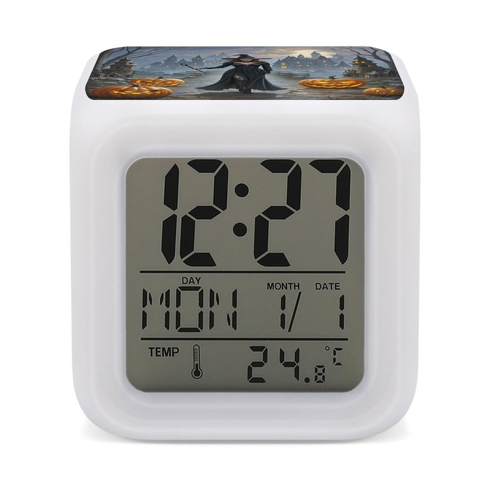 VstaDank Witches Alarm Clock with 7 Color Changing Night Light Date Temp Display Wake Clocks LED Display Digital Clock Electric Desk Clocks for Living Office Bedroom Decor