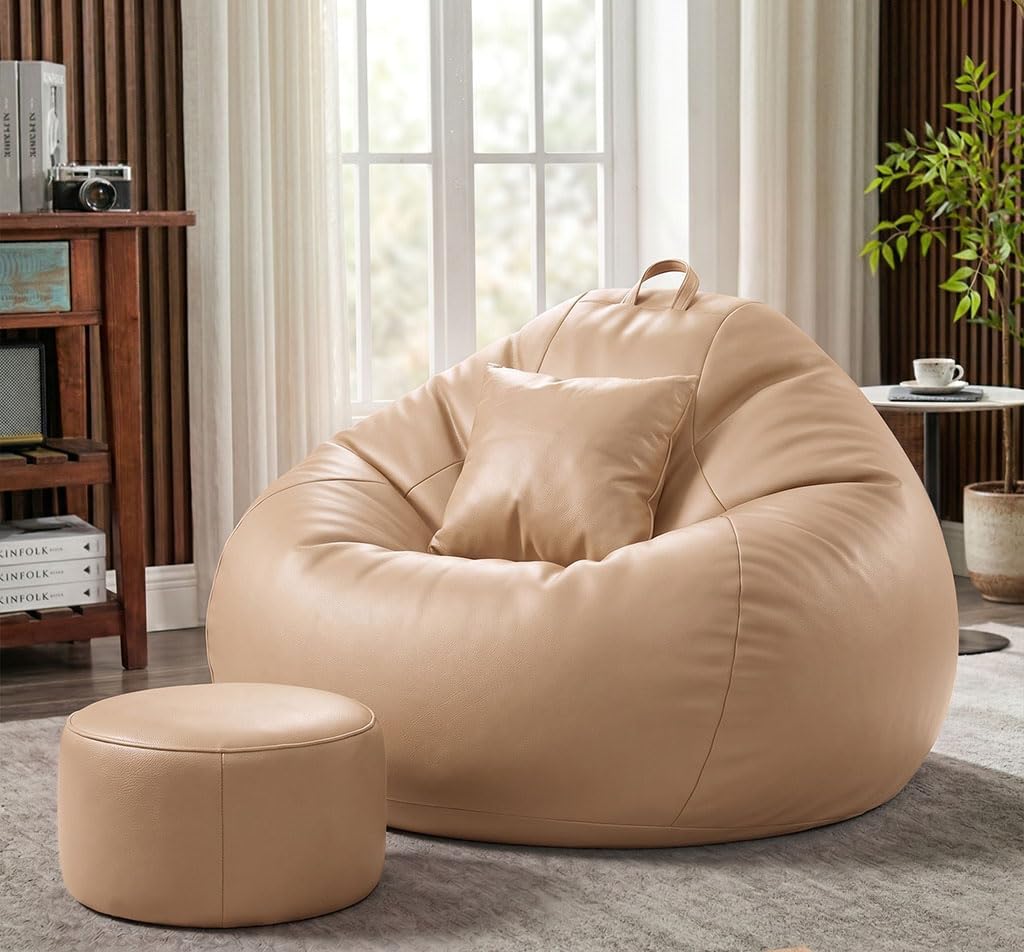 Sattva Classic 5XL Bean Bag Chair with Beans Filled | Sofa Style Faux Leather Beanbags with Footstool & Cushion | Pre-Filled Bin Bags Sofa & Beam Bag for Adults | Home & Office, Cream-picture-29