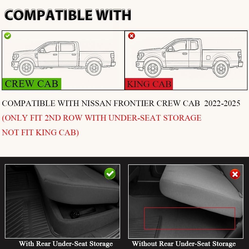 PIT66 Floor Mats Cargo Liners, Compatible with Nissan Frontier Crew Cab 2022-2025 (with 2nd Row Under-Seat Storage, not Fit King Cab) TPE All Weather 1st & 2nd Row Floor Liners