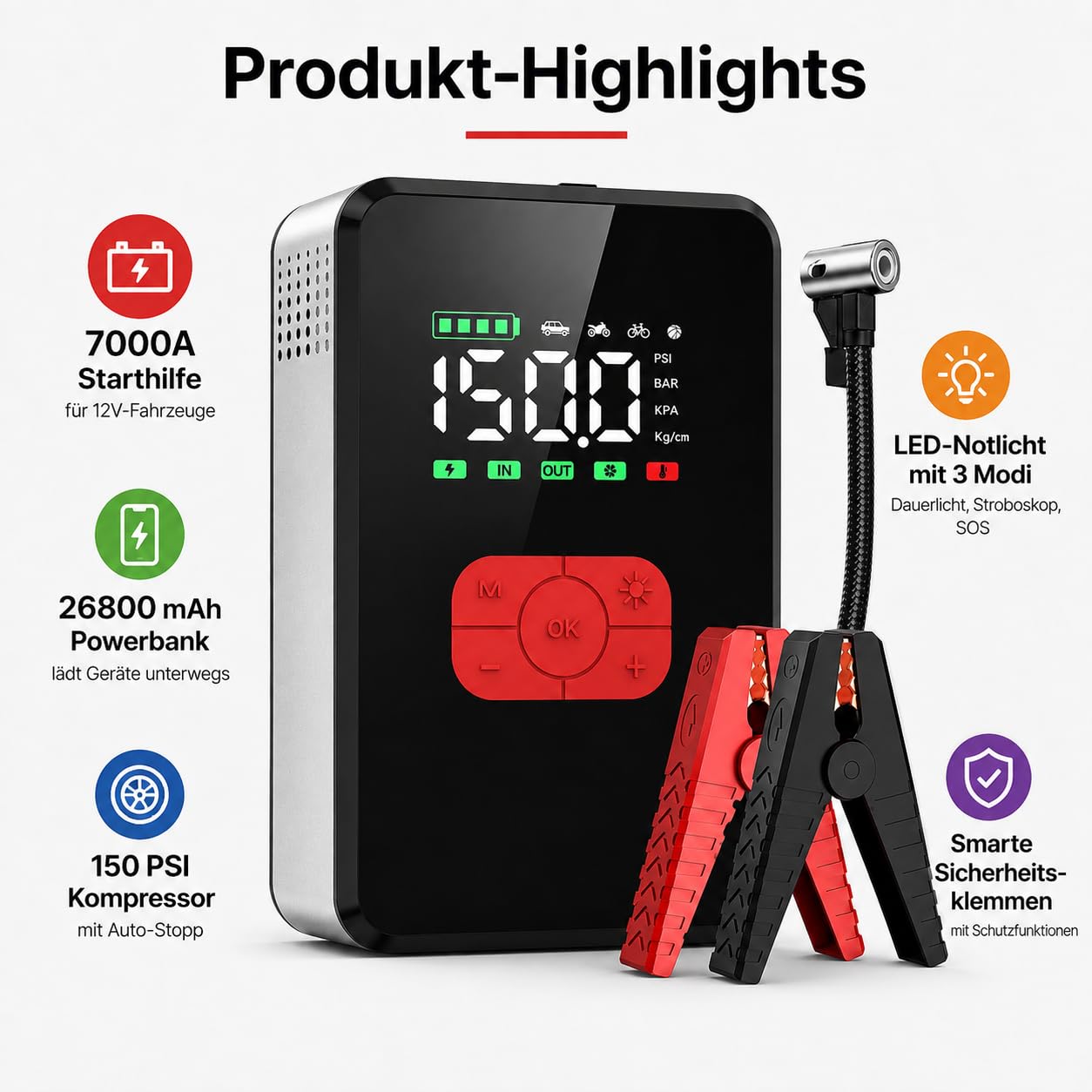 7000A Starthilfe 12V mit 26800 mAh Powerbank, 150 PSI Kompressor, LED-Notlicht SOS, 3,3" Display, Auto Motorrad Fahrrad Reifenpumpe, Pannenhilfe & Camping
