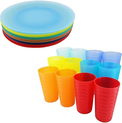 Vasos de 22 onzas y platos llanos de 10 pulgadas reutilizables, sin BPA y aptos para lavavajillas en 6 colores surtidos, juego de 24 para uso diario