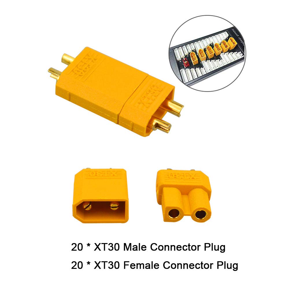 40 szt. Premium XT30 złącze nabojowe, 20 par XT30 męskie żeńskie złącze akumulatora, 2 mm pozłacane złącze wtyczka z rurą termokurczliwą, do RC Lipo