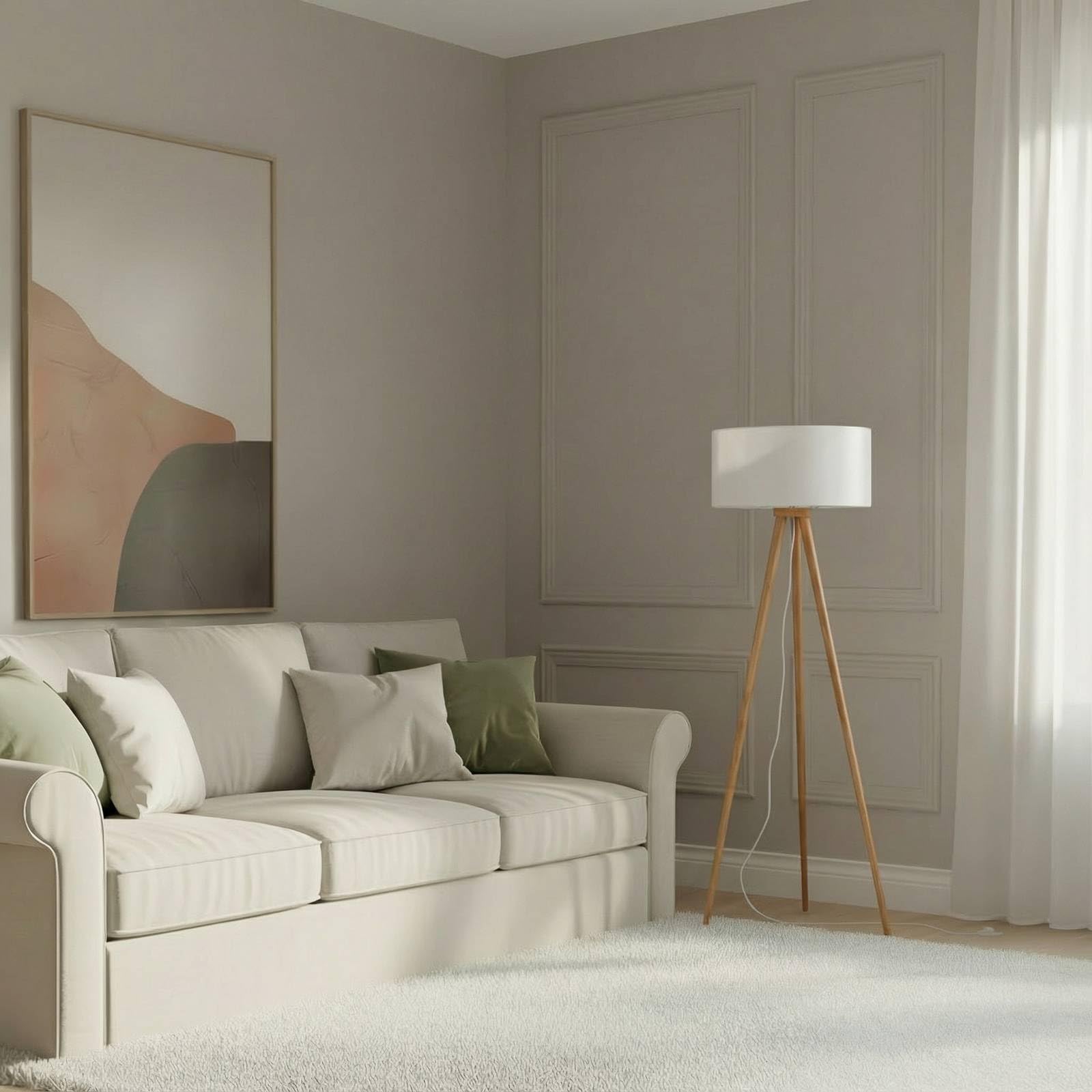 Lindby Stehlampe Dreibein Stoff weiß, Holz hell mit Fußschalter Tripod Textil Stehleuchte Wohnzimmer Wohnzimmerlampe 1x E27 max. 60W ohne Leuchtmittel