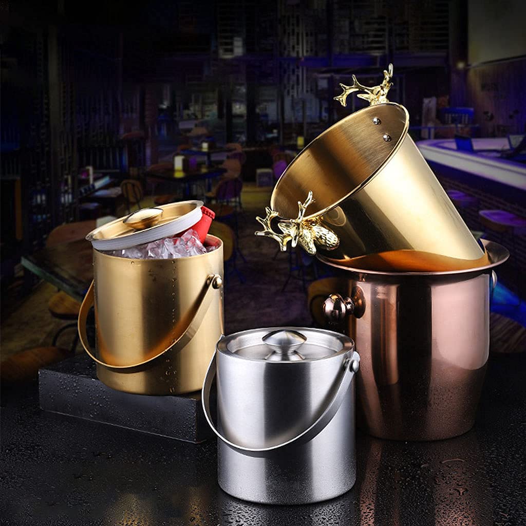 Cubo de hieloCubo de Hielo con Tapa y Pinzas de hieloCubo de Aislamiento térmico Doble Barra nórdica de 3 litros KTV Cubo de Hielo de Acero Inoxidable para Cerveza An