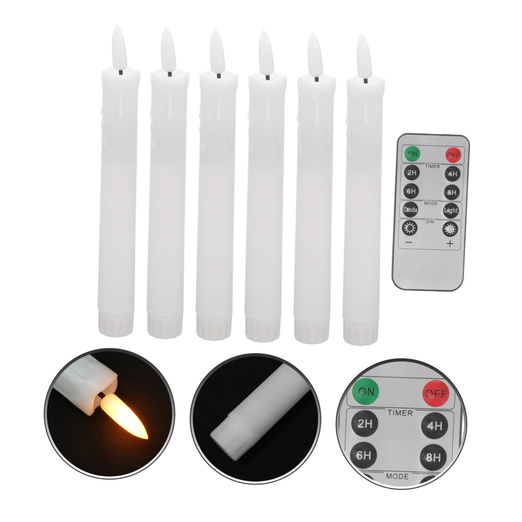 TEHAUX 6 Velas Cónicas a Pilas con Mando a Distancia y Efecto Parpadeante para Ambientación del Hogar en Blanco de Plástico