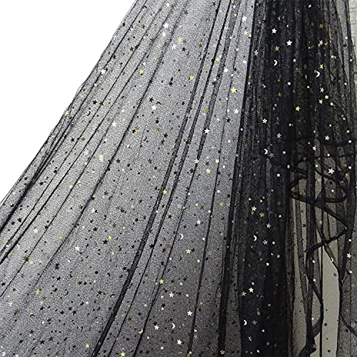 Honbay 5.5x1.7Yards Glitter Star Moon Sequin Tulle Net Yarn for Background Decoration or DIY Crafts Making (White) (Black)
