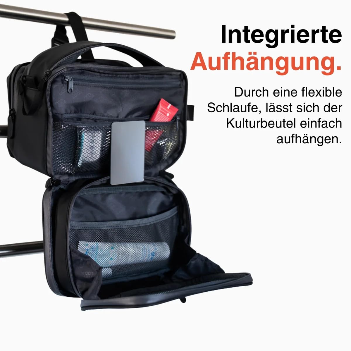 LODA Kulturbeutel 7L - Herausnehmbares Duschfach - Organisiertes Hauptfach | Wasserfestes Seitenfach – Integrierte Aufhängung – Aufklappbares Seitenfach – Spiegel – Hygienisches Zahnbürstenfach