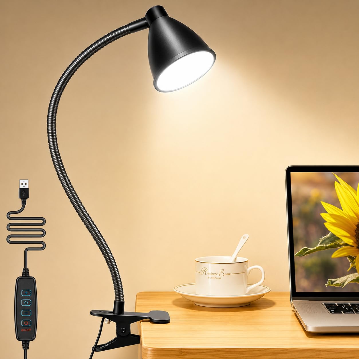 Brolaviya 10W LED Reading Desk light Lamp with USB Powered, 38 LEDs, Gooseneck Clip Metal body, 3 Color Temperature Modes, 10 Dimming Brightness, Eye-Caring, Bedside Light, Workshop, Study lamp, Black