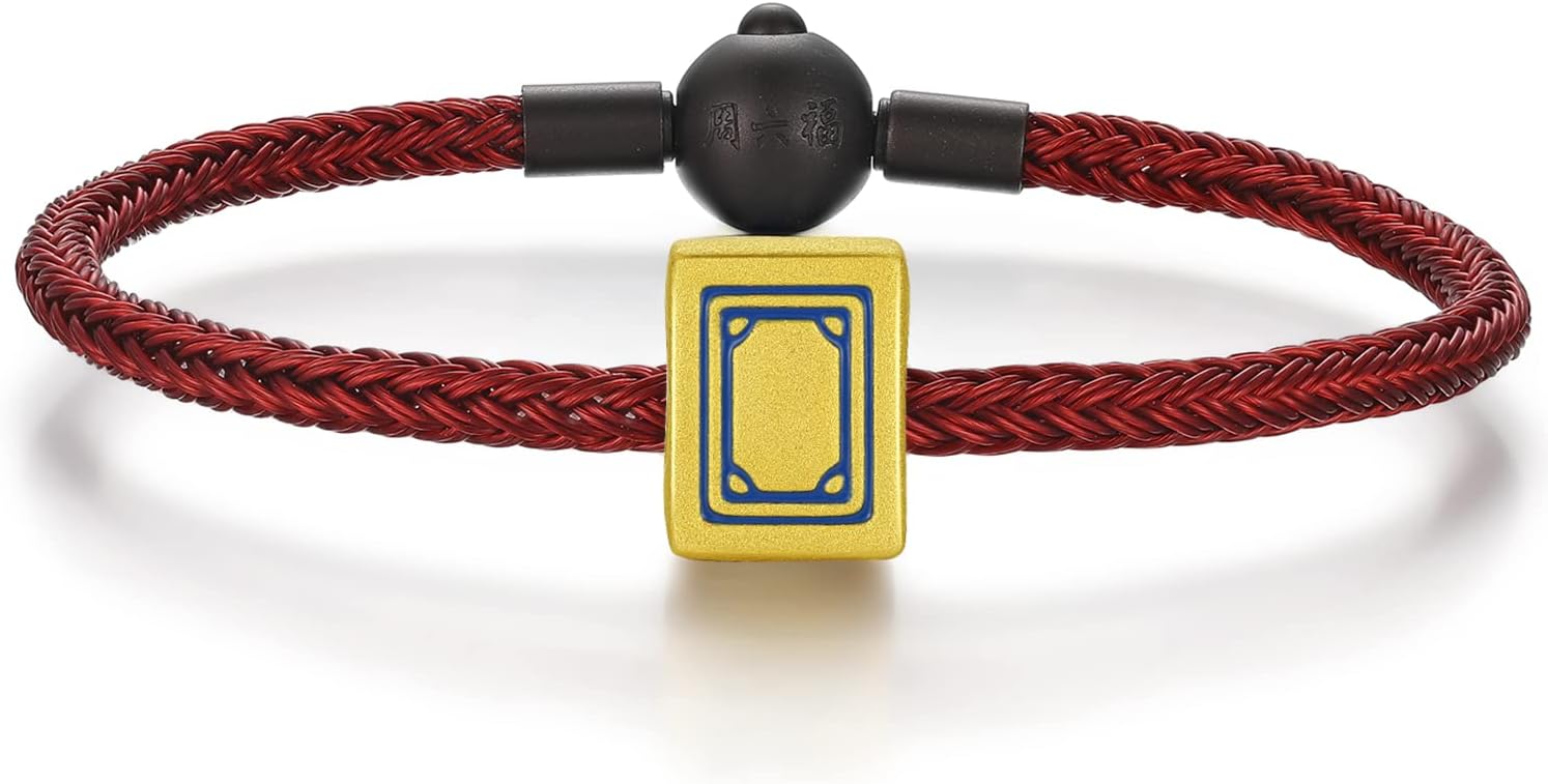 24K Solid Gold Bracelet, Real Pure Gold Jewelry Charm Bracelet Fashion Chinese Mahjong Chain for Women Men Girlfriend