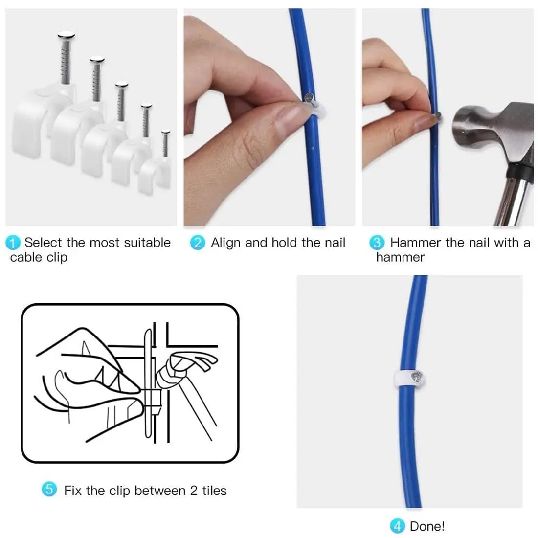 SGERUFZ 200 pcs Fermacavo con Chiodo, Graffette Clip per Cavi, Chiodini, Graffette, Rotondi, Parete, Telaio della Porta, Angoli e Montaggio a Vista