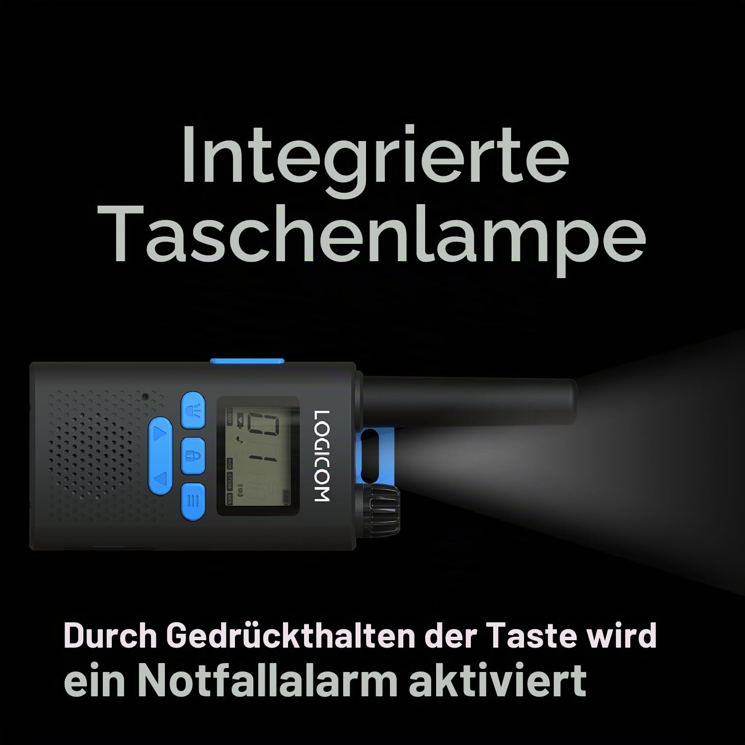 Logicom – Essential – Walkie-Talkie – PMR446 – lizenzfrei – bis zu 10 km Reichweite – 20 Std. Akkulaufzeit – LCD-Display – USB-C – Taschenlampe – VOX-Freisprechfunktion – 16 Kanäle – 1000 mAh Akku – 2