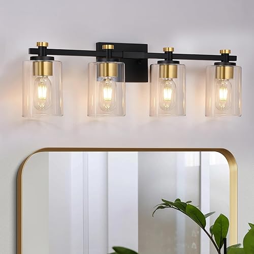 Lámpara de baño de 4 luces, lámpara de tocador de baño negra y dorada con pantalla de vidrio transparente, luces de baño modernas sobre espejo de