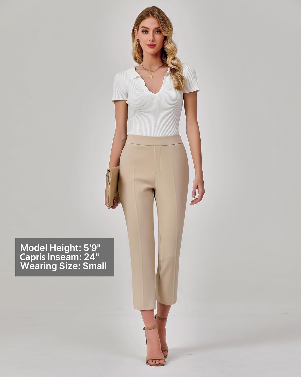 GRAPENT Capri Pants for Women High Waisted Pull On Dress Pants Slim Straight Leg Stretchy Waist Capris Trousers Pants - Image 4