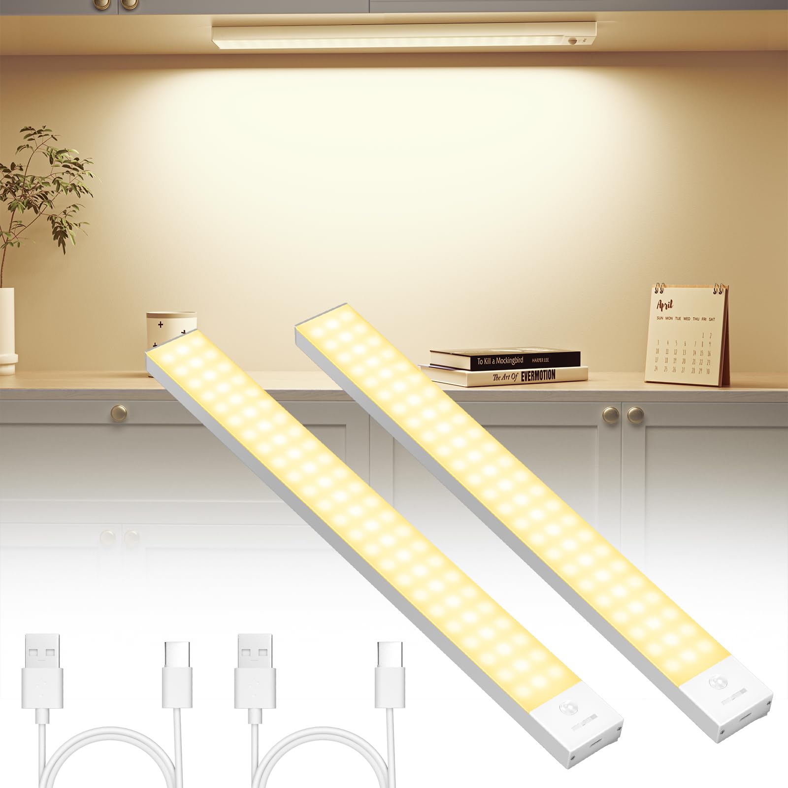 Schrankbeleuchtung 3000K 4000K 6500K, 43.5CM/108LEDs Bewegungsmelder Led Leiste 2500mAh Batterie, Unterbauleuchte Küche LED Farbmodi Dimmbar USB-C Wiederaufladbar, Led Lampe für kleiderschrank, Küche