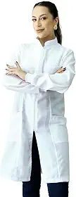 Jaleco Feminino Oxford Ziper Gola Padre, Com Punho, Acinturado, Manga Longa, Branco