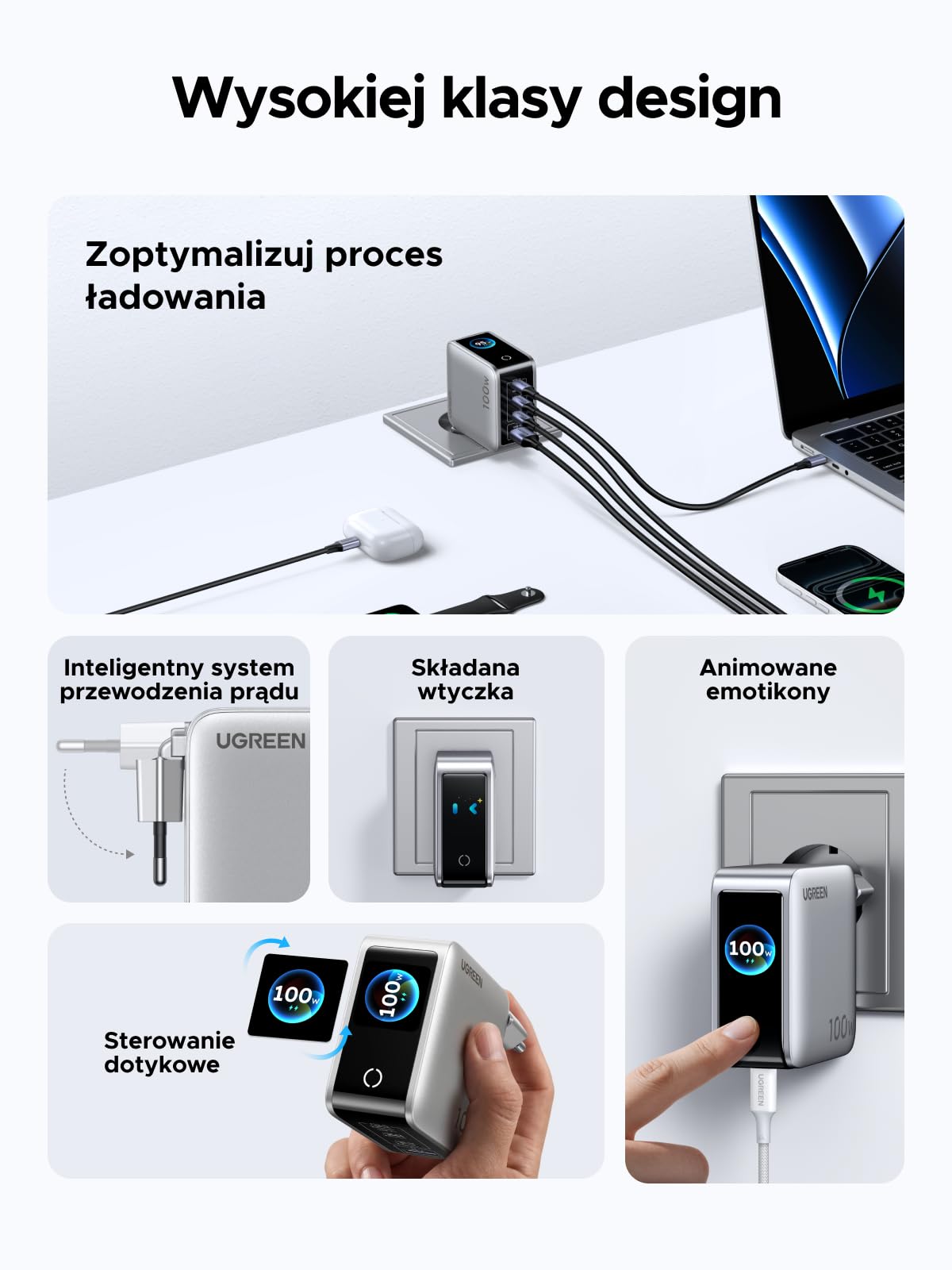 UGREEN Nexode Pro Ładowarka 100W USB-C 4 w 1, inteligentny wyświetlacz | Wyświetla stan ładowania w czasie rzeczywistym, ładowarka do laptopa, kompatybilna z MacBook Pro/Air, iPhone, Galaxy S26,iPad