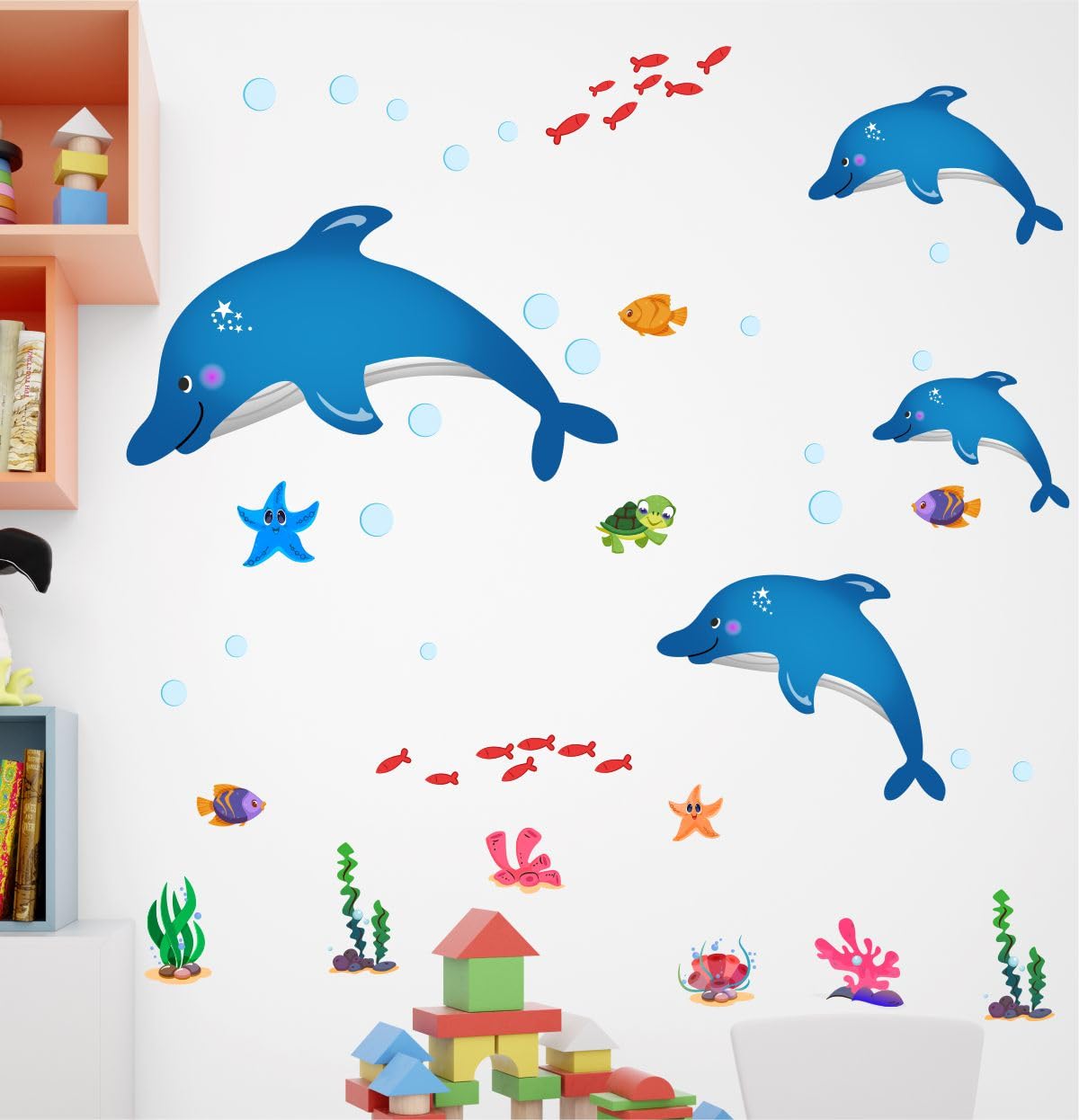 Decal O Decal Kids Room Baby Nursery Cartoon Dolphins Star Fish Underwater Creatures Self Adhesive Wall Sticker(Pack of 1)-image-27
